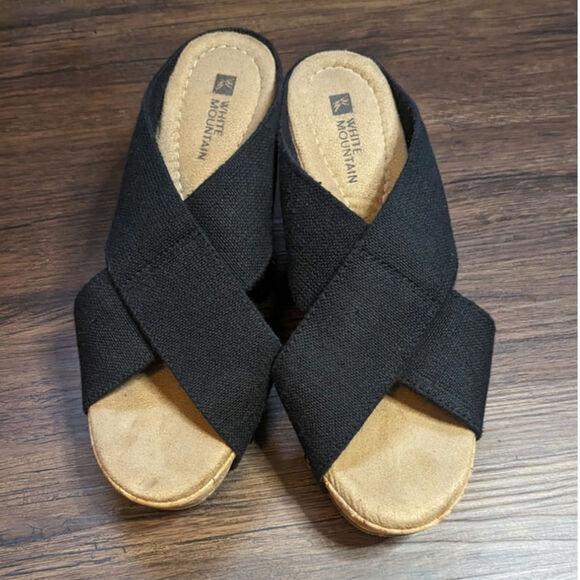 White Mountain Banner Black Cork Wedges Stretchy Upper - 3.5 inch Heel Size 7.5M - Picture 2 of 11